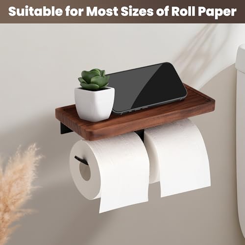 Double Toilet Paper Holder with Walnut Wood Shelf - Wall Mount & Self-Adhesive Bathroom Tissue Roll Holder, Black Stainless Steel with Walnut Shelf for Phone - Home Apartment Restroom - color: Walnut & Matte Black Double Hooks