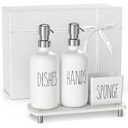 Cisily Housewarming Gifts New Home Basket, Kitchen Soap Dispenser Set Comes with Ceramics Sponge Holder, Silver Stainless Steel Pumps, and Instant Dry Tray, Hand and Dish Soap Dispenser Set - color: Silver + White+gift Box Packaging