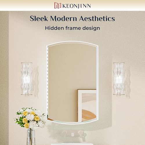 Keonjinn White Medicine Cabinet with Mirror 20” x 30”, Metal Framed Wall Cabinet with Beveled Mirror, Surface Mount or Recessed Medicine Cabinet for Bathroom, Bathroom Mirror with Storage | Adjustable Shelves, Arched Vanity Mirror with Storage, Recessed o