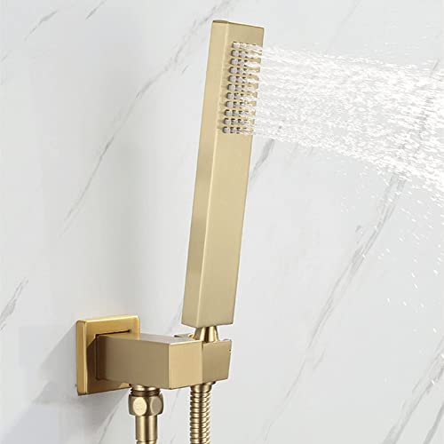 Thermostatic Shower Faucet Set, Stainless Steel Waterfall Rainfall Shower Head with Brass Hand Shower Set, Brushed Gold Shower System Wall Mounted
