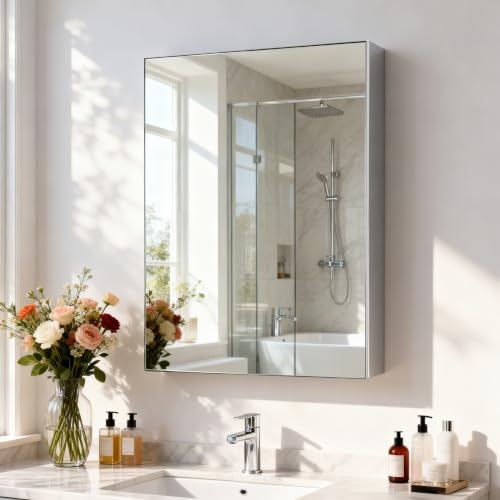 20"x 26"Bathroom Medicine Cabinet,Double-Sided Mirror Door | Silver Aluminium Frame,Lightweight,Sturdy and Attractive,Simple Wall-Mounted,Adjustable Shelves,Tempered Glass - size: 20"x 26"