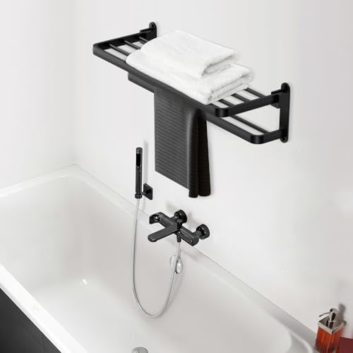 BOZWELL Bathroom Lavatory Towel Rack with Two Towel Bars,16-Inch(40cm) Towel Holder with Shelf BZ305-A (Matte Black) - color: Matte Black, size: 16 inch (40 cm)