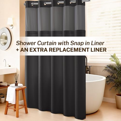 River Dream No Hooks Shower Curtain with 2 Snap in Liner, Dark Grey, 71x74 | Waffle Weave, 1 Attached Snap in Liner and 1 Extra Replacement Liner, Bathroom Curtains Shower Set, Hotel Grade, Spa Like - color: Graphite Grey