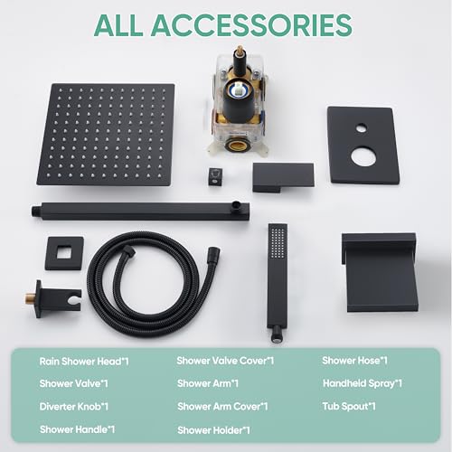 Black Tub Shower System with 12" Rain Head, Handheld & Valve Kit | All-Metal Tub Shower Faucet Set, Wall Mounted Rain Showerhead, Handheld Spray, Includes Valve and Trim Kit, Matte Black - color: Matte Black 12