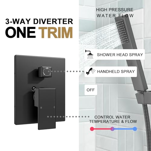 Lava Odoro Modern 2-Setting Square Shower System with Rain Shower Head and Handheld Spray Black, Rainfall Shower Faucet Set Chrome, Shower Valve and Trim Kit, Polished Chrome SF103-MB - color: Matte Black, style: Without Tub Spout