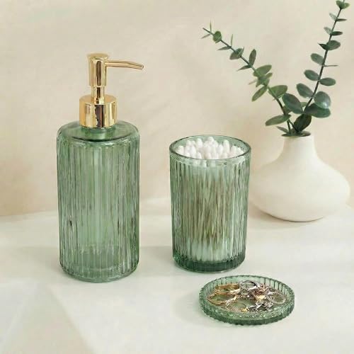 New Hensoar 3 Pcs Green Bathroom Accessories Set, Glass Bathroom Set | Bathroom Soap Dispenser, Toothbrush Holder Set, Jewelry Tray, Crystal Modern Bathroom Decor, Housewarming Gift Set - style: 3 pcsGreen