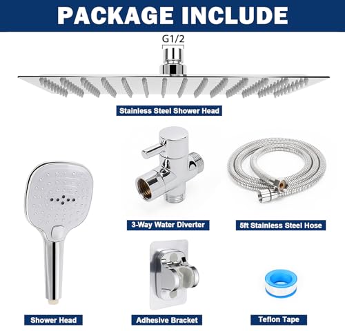 NearMoon Shower Head with Hose, High Pressure Stainless Steel Rain Shower and 3 Settings Handheld Spray Combo with Push Button Flow Control (12 Inch, Chrome Finish) - color: Chrome Finish, size: 12 Inch