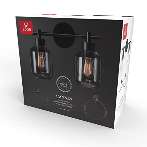 Globe Electric 3-Piece Powder Room Set, Matte Black, 2-Light Vanity with Clear Glass Shades and Matching Hardware, 51850 - color: Matte Black, Clear Glass, 2-Light
