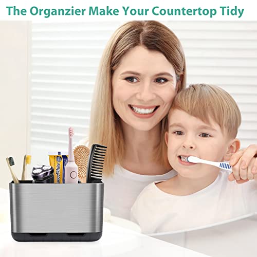 Boperzi Toothbrush and Toothpaste Holder Brushed Nickel Drainage for Bathroom Vanity, Large Electric Toothbrush Storage Caddy Anti-Slip Rustic with Adjustable Dividers for Family, Kids - color: Brush Nickel+black