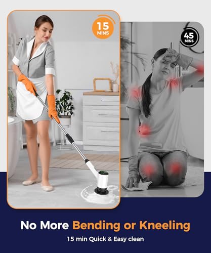 Cordless Electric Spin Scrubber with 7 Brush Heads, White-te1 | Adjustable long handle for shower, tile, grout, sink, tub, floor, and car wheel cleaning - size: 7heads