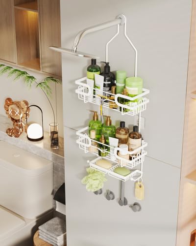 HapiRm Bathroom Hanging Shower Caddy - Rustproof Shower Shelf with 12 Hooks and 2 Soap Holders, No Drilling Bathroom Organizers and Storage - White - color: White(Large)