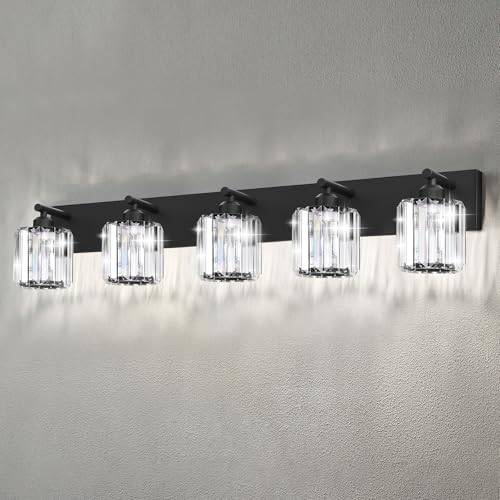 Black Crystal Bathroom Vanity Light, 5-Light Modern Bathroom Lighting Fixtures Over Mirror, Matte Black Wall Sconce Light Fixtures with Round Shade - color: Black-Round Shade, size: 5-LIGHT