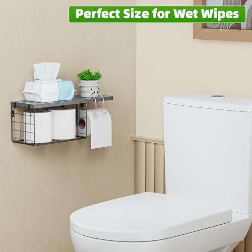 VITVITI Toilet Paper Holder with Shelf, Wall Mounted Storage Basket, Gray | Farmhouse Wall Mount Toilet Paper Holder Shelves, Wood Metal Toilet Roll Wipes Holder for Bathroom - color: Gray