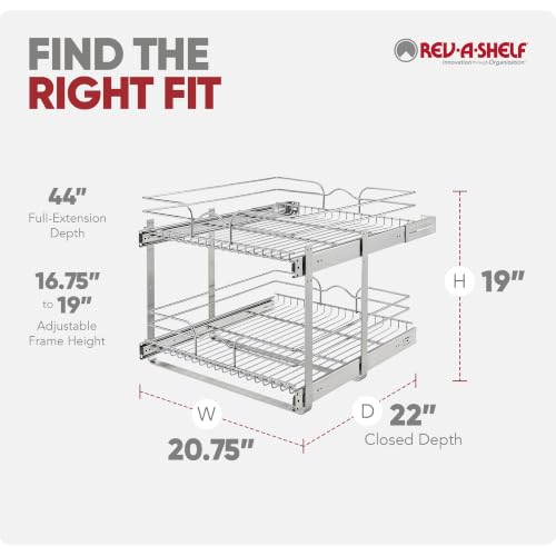 Rev-A-Shelf 2-Tier Pullout Shelf and Drawer Organizer for Kitchen Cabinets, Slide Out Storage Basket, Min Opening Width of 20.5", 21" x 22", 5WB2-2122CR-1 - size: 21" W x 22"D, style: Two Tier