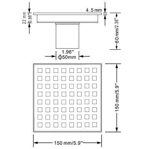 TRUSTMI 6 Inch Square Shower Floor Drain with Removable Grid Grate Cover, SUS 304 Stainless Steel,Brushed Gold - size: Grid Cover