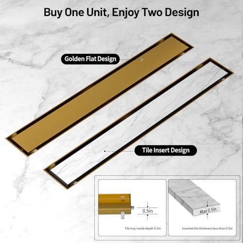 Linear Shower Drain, 304 Stainless Steel with Adjustable Leveling Feet, Hair Strainer,Reversely Install Place to Create an Invisible Floor Drain - Gold -12-Inch - color: Brushed Gold, size: 12inch