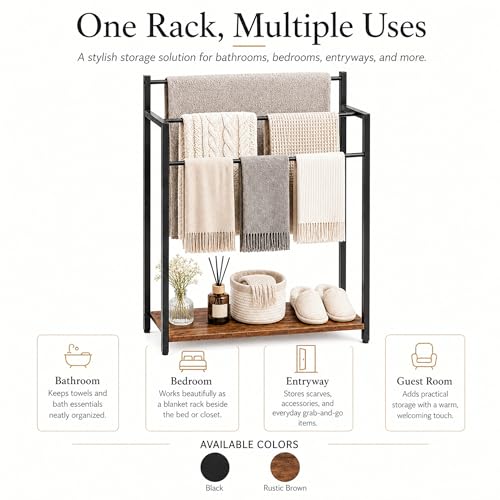 24.8" W Freestanding Towel Rack with Rustic Brown Wood Shelf | 3 Tier Blanket Ladder Stand for Bathroom Living Room, Metal Frame - color: Rustic Brown, size: 31.5" H x 24.8" W x7.9 D