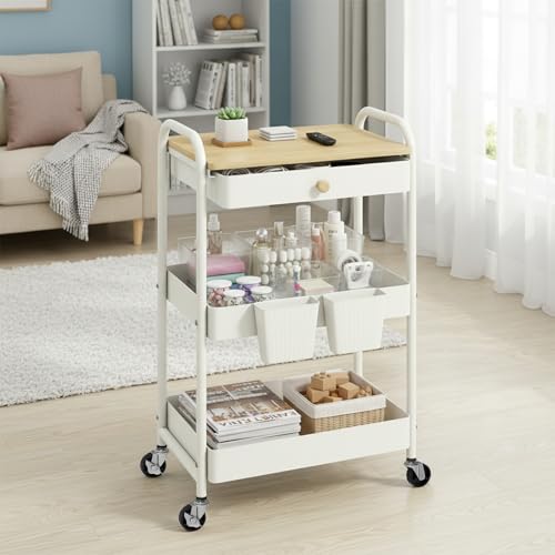 3 Tier Rolling Cart with Wooden Table Top, White Rolling Utility Cart with Drawer & Locked Wheels, Easy Assembly for Nursery, Living Room, Studio - color: White
