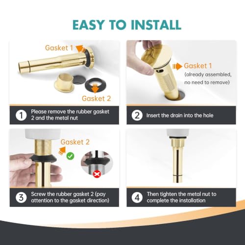 Brushed Gold Pop Up Bathroom Sink Drain with Overflow, 2 Pack | 2-pack bathroom sink stoppers fit 1-5/8 to 2 in drain holes; 304 stainless steel for vanity and vessel sink drains - color: Gold, style: 2PCS