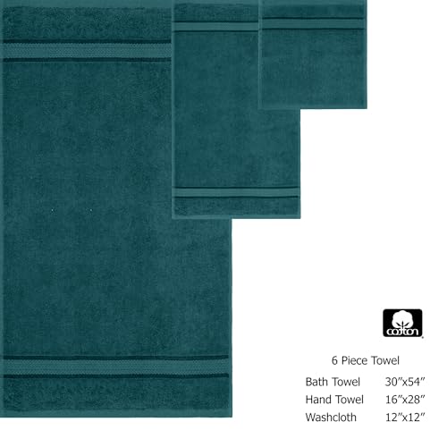 COTTON CRAFT Ultra Soft 6 Piece Towel Set - 100% Cotton Towels - Teal | Absorbent 580 GSM Quick Dry Everyday Premium Luxurious Bathroom Towels - 2 Large Bath Towels, 2 Hand Towels, 2 Washcloths - color: Teal, size: 6 Piece Towel Set