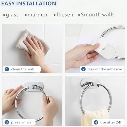 Self-Adhesive Towel Ring, No Drill Stainless Steel Round Hand Towel Holder, Rustproof Waterproof Towel Hanger with Strong Sticky Base, Modern Wall-Mounted Towel Loop for Bathroom Kitchen (Chrome) - color: Chrome