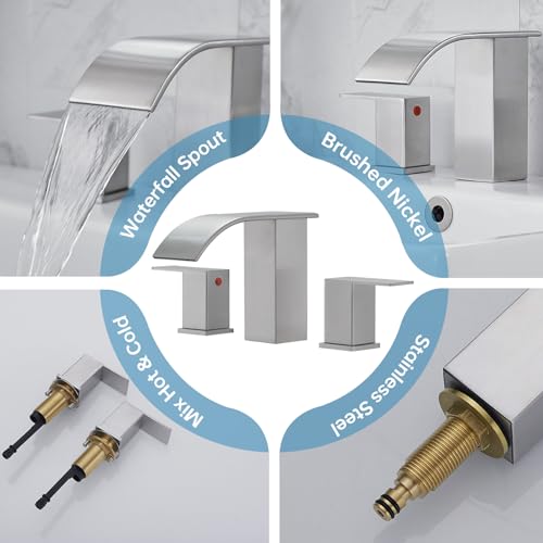 RUMOSE Bathroom Faucets Nickel Bathroom Sink Faucet 3 Hole with Drain | 8 inch Widespread 2 Handles Lavatory Vanity Faucet Set, Waterfall Spout, Deck Mounted, Pop Up Drain, Stainless Steel - color: Brushed Nickel