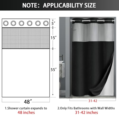 No Hook Shower Curtain with Liner Set Hotel Waffle Curtain Black 48W X 75L | Washable Snap in Fabric Liner, Mesh Top Window, Waffle Hotel Style Shower Curtain Set - color: Black, size: Small Stall 48"W x 75"L