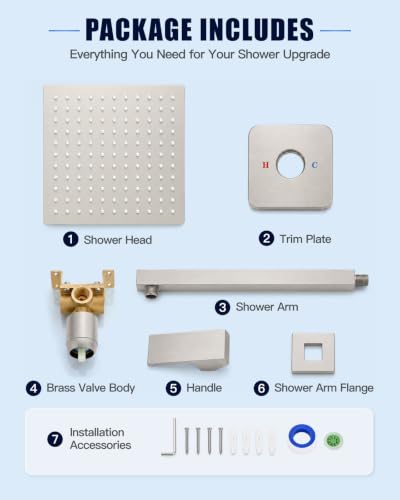 Heyalan 10 Inch Square Rain Shower Faucet Set with Valve, Brushed Nickel | Female-thread 1/2-inch NPT connections, SUS304 shower head, brass rough-in valve, single-handle control Shower Set - color: Nickel, size: 10 Inch Square Shower Head