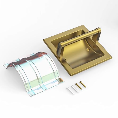 Recessed Gold Toilet Paper Holder Wall Mounted 304 Stainless Steel | Brushed Brass Post Pivoting Design Easy to Change Roll, in Wall Toilet Paper Holder for Mega Roll Waterproof & Rustproof - color: Gold