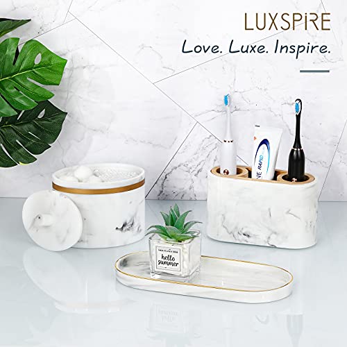 Luxspire 9.8" Bathroom Vanity Tray Marble Ceramic Dresser Jewelry Dish | M, non-slip waterproof resin, easy wipe clean, fits bath kitchen vanity, holds jewelry toiletries soap - color: Marble White+gold, style: Small