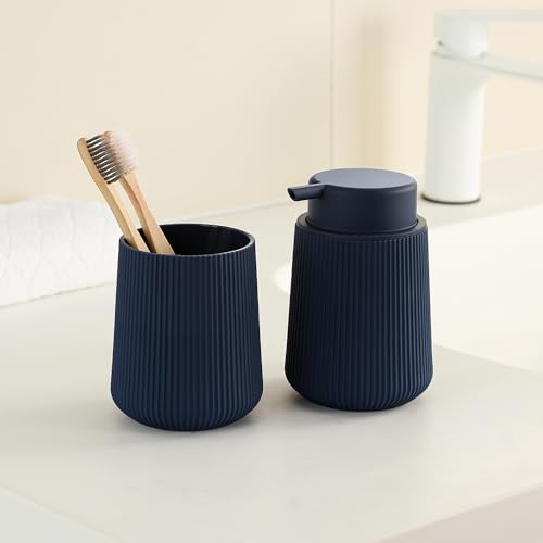 YAUKPH Navy Blue Striped Toothbrush Holder | for Electric Toothbrushes Bathroom Organizer Cup for Toothpaste Kids & Adults - color: Blue Ribbed