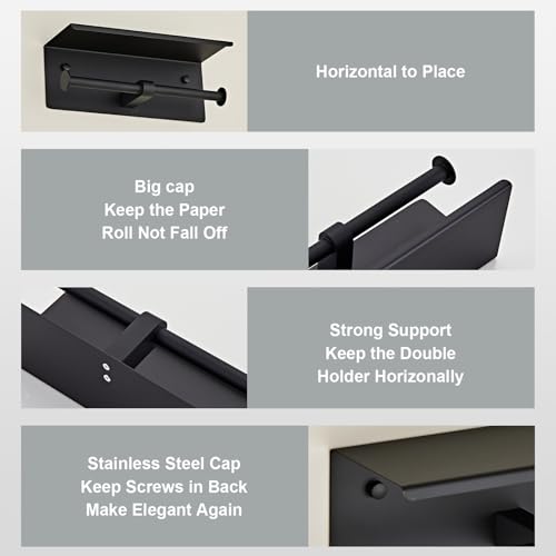 Black Double Paper Holder with Shelf, Toilet Roll Holder for Bathroom | Wall Mounted SUS 304 Stainless Steel Toilet Tissue Holder YIGUANXIN - color: Black