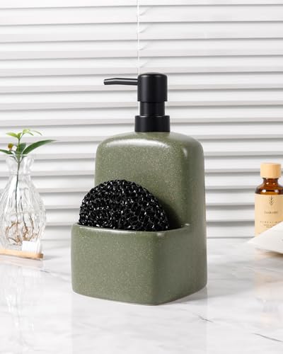 BosilunLife Dish Soap Dispenser - Matte Green Ceramic Kitchen Soap Dispenser with Sponge Holder Matte Ceramic Soap Daddy Dispenser 20oz for Kitchen Soap Pump and Sponges Caddy - color: Matte Green