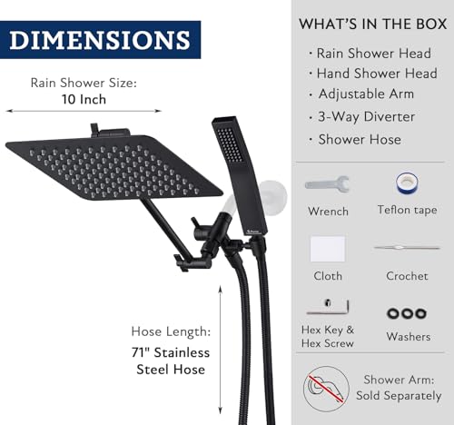 G-Promise All Metal 10" Dual Square Shower Head Combo | Rain Shower Head | Handheld Shower Wand | Adjustable | 3-Way Diverter | 71" Extra Long Hose - A Bathroom Upgrade (Matte Black) | Built to Last, Easy Install, Adjustable Height & Angle for All Heights