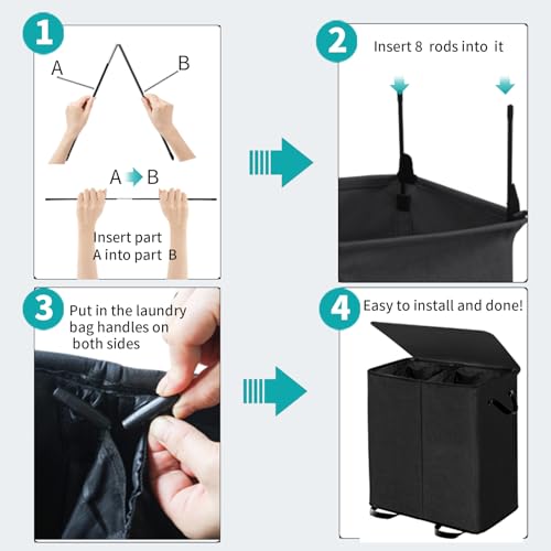 Double Laundry Hamper with Lid and Removable Bags, Laundry Basket 2 Section, Double Hampers for Laundry, Large Divided Hamper, Dual Laundry Hamper 2 Section with Handles Dorm 140L Black
