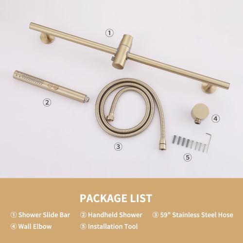 Shower Slide Bar with Handheld Sprayer 2 Modes Handle Shower 59" SUS304 Stainless Steel Hose Shower Height and Angle Adjustable Wall Mounted Bathroom Shower System Remodel Hardware Brushed Gold - color: Brushed Gold-Round
