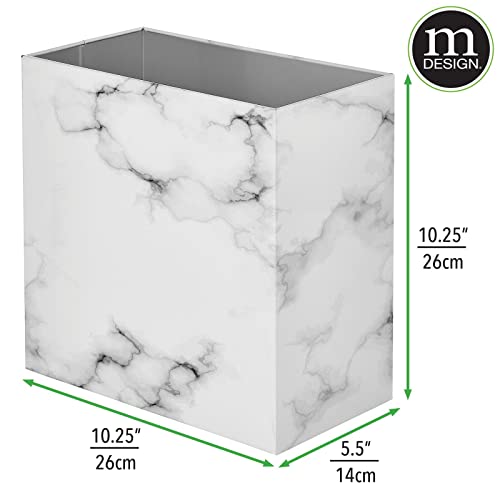 mDesign Small Steel Rectangular 2.4 Gallon/9.1 Liter Trash Can, Waste Basket for Bathroom, Bedroom, Home Office - Holds Garbage, Recycling, Household Items - Linn Collection - White Marble - color: White Marble