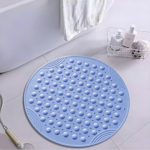 Shower Mat Anti-Slip 21.6'' Round Bathtub Mat with Suction Cups Machine Washable Shower Bath Mat - color: Blue
