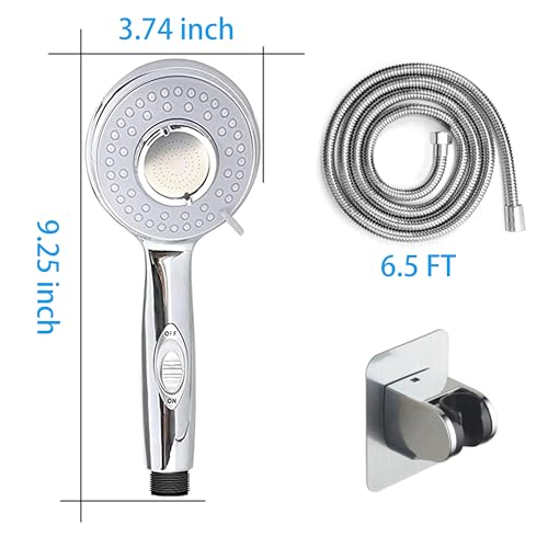 Handheld Shower Head with On/Off Switch - High Pressure 5 setting mode, Stainless Steel 6.5 ft extra long hose and Bathroom Kit Included, Universal Adapter Holder Mount for Wall,Chrome Finish