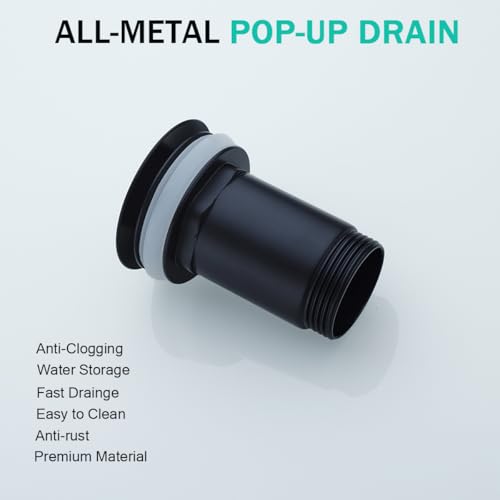 All Metal Bathroom Sink Drain,Pop-up Drain with Detachable Basket Stopper,Anti-Clogging Drain Strainer,Hair Catcher,for Vanity Vessel Sink with Overflow,SE83997PB-1MB - color: Matte Black(with Overflow)