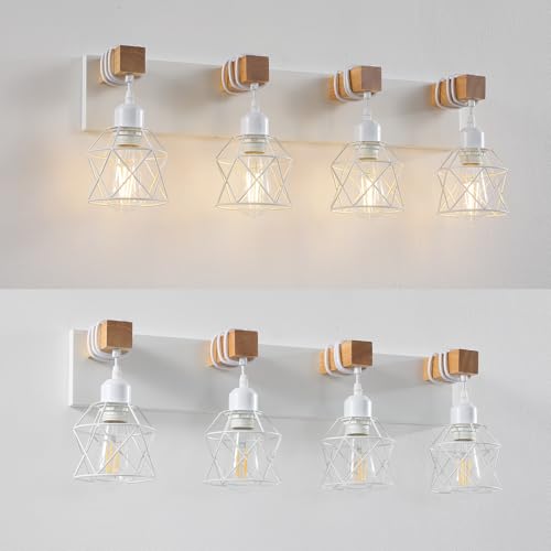 Farmhouse Vanity Light Fixture,4-Light Bathroom Lighting,White Modern Wood Wall Light Over Mirror with Metal Shade,LED Bulbs Not Included - color: White, size: 4-Light-Wide 28"