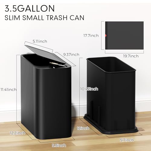 Bathroom Trash Can with Lid 13 Liter/ 3.5 Gallon Black Trash Can with Pop-Up Lid Bedroom Trash Can Small Garbage Can with 150 Counts Trash Bags for Small Bathroom Bedroom Office - color: Black
