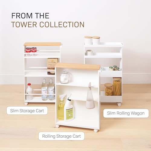 Yamazaki Home Slim Rolling Storage Cart – Narrow Bathroom Storage Cabinet With Handle, Slim Bathroom Storage Cart With Wheels, Easy Assembly, Steel + Wood, White, 27" - Steel - - color: White