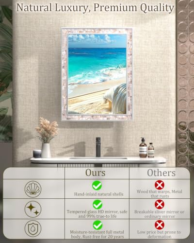 20"x26" Hand-Inlaid Natural Shell White Medicine Cabinet Mirror for Bathroom, Bedroom, Living Room, Entryway, Easy to Install Left or Right Opening Bathroom Wall Cabinet Recessed and Surface Mount - color: 20"x26"-white