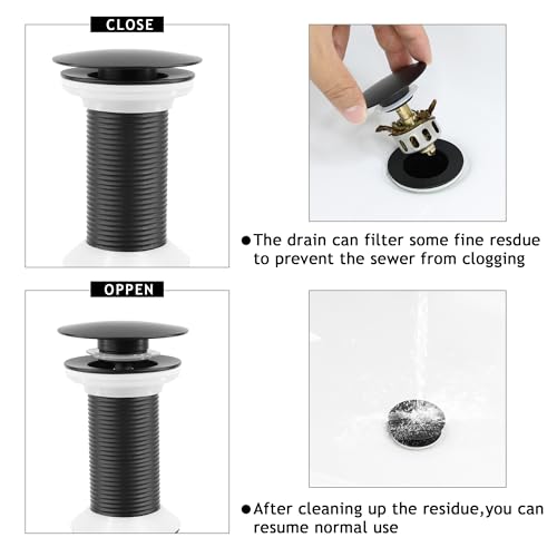 Bathroom Sink Drain,2 Pack Drain Stopper Without Overflow,Pop Up Drain Assembly with Detachable Strainer Basket,Built-in Anti-Clogging, Stainless Steel Nut Mattle Black - color: 2 Pack-matte Black-big Cap, style: Without Overflow