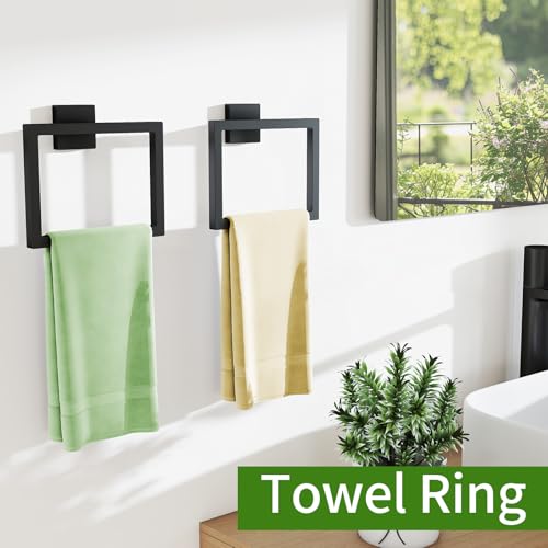 FLE Hand Towel Ring, Towel Rings for Bathroom Wall, 2 Pack, Black | Screw Mount Hardware, Stainless Steel Towel Hanger, Modern Square Hardware - color: Black