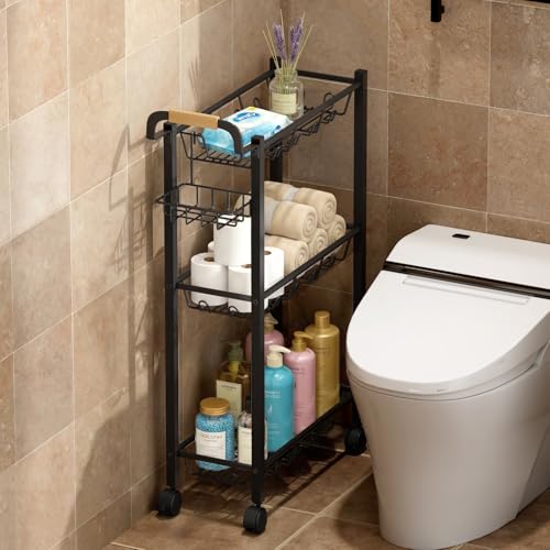 AOODA Laundry Room Cart with Top Detergent Holder, Metal Rolling Storage Cart Between Washer and Dryer, 3 Tier Narrow Laundry Room Organization and Storage with Wheels (Pure Black) - color: Pure Black