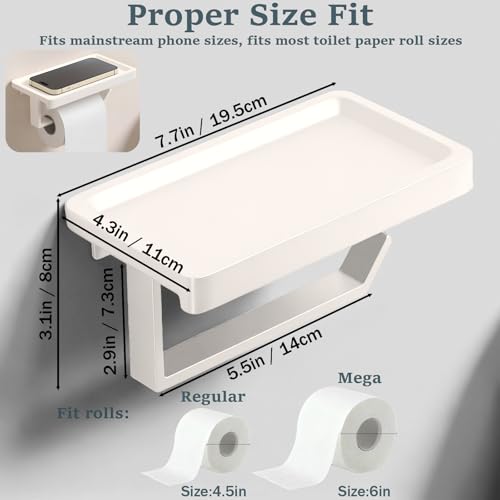 Cream White Toilet Paper Holder with Shelf | Self Adhesive Toilet Tissue Roll Holder Wall Mount for Bathroom, Washroom, Kitchen, RV with Cell Phone Storage