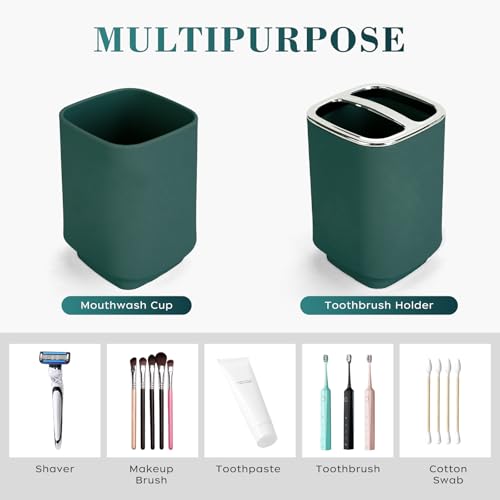 4Pcs Dark Green Bathroom Set, Square Boho Soap & Toothbrush Holder Set | Thick shatterproof ABS, electroplated rust-proof pump, drip-free, multi-slot holder, dustproof lids, easy-clean - color: Dark Green, size: 4PCS
