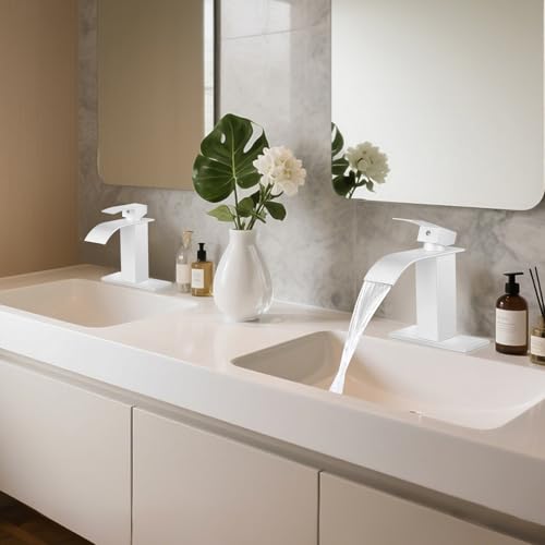 Bathroom Faucets White Waterfall Single Handle Bathroom Sink Faucet | with Pop-up Drain & Deck,Supply Hoses,Single Handle Vanity Faucet,Stainless Steel,1 or 3 Hole,RV,Farmhouse Bathrooms - color: A-White, style: Short